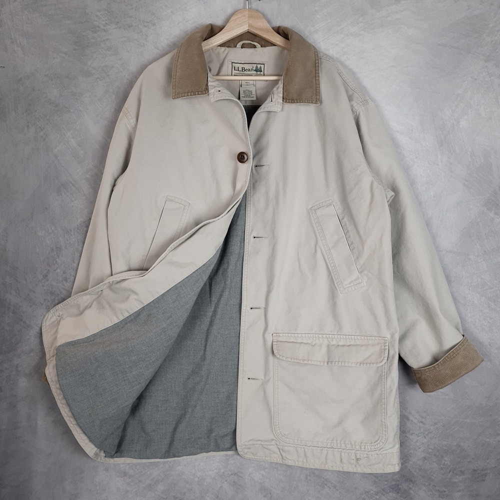 LL Bean Barn Coat Mens Large Tall Beige Canvas Corduroy Collar Field Jacket